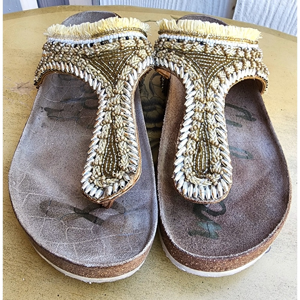 Sam Edelman Olivie Sz 6 Gold Beaded Fringe Thong Slide Sandals Boho Maximalist